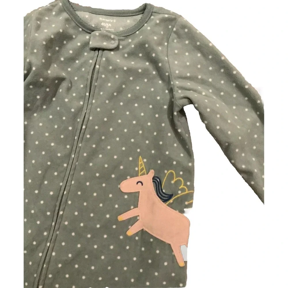 Carters Toddler Girls Green Unicorn Polka Dot Fleece One Piece Footed Pajamas 4T